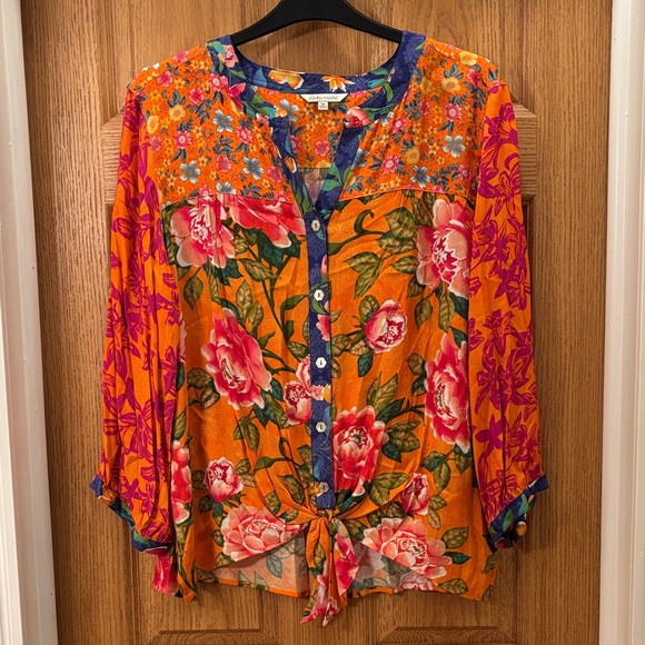 John Mark Tops - John Mark Orange Floral Blouse with Pink and Blue Accents